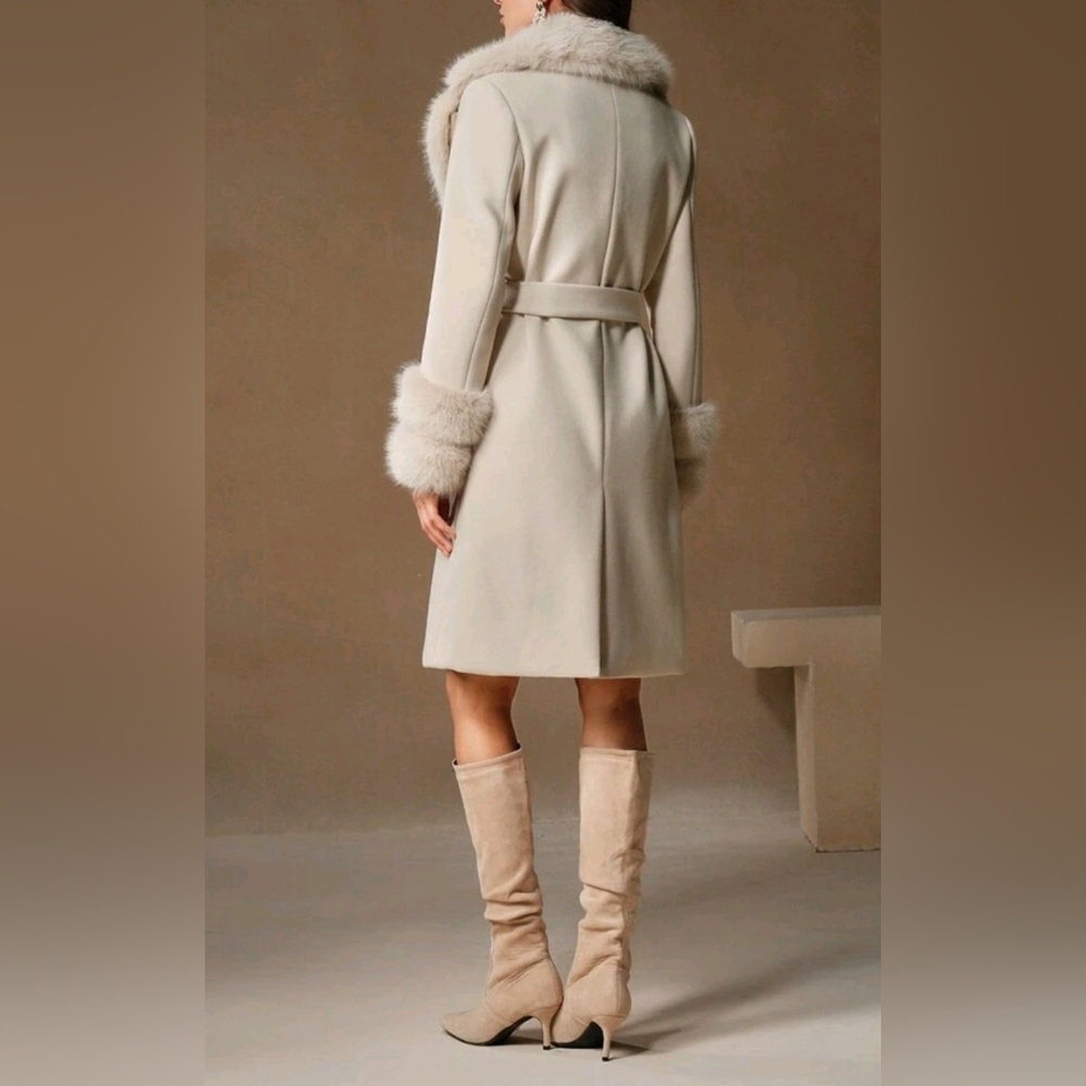 NEW Glam Faux Fur Borg Collar Double Breasted Tie Waist Jacket Coat Beige Cream - Picture 5 of 13